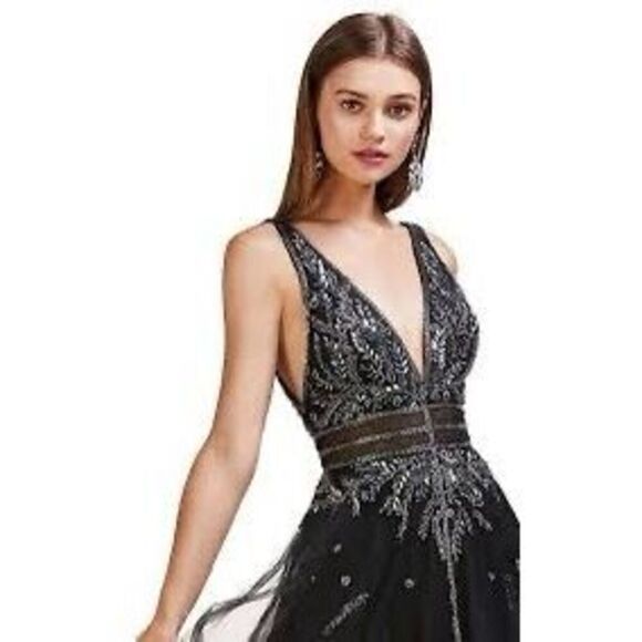 GB Size 3 Beaded Bodice Formal Gown Black Tulle Bottom Evening Special Occasion - Picture 2 of 16